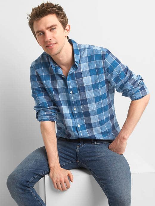 Gap Men Cotton Linen Buffalo Plaid Slim Fit Shirt - Light Indigo