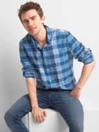 Gap Men Cotton Linen Buffalo Plaid Slim Fit Shirt - Light Indigo