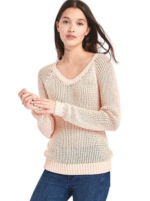 Gap Women V Neck Open Knit Sweater - Silk Powder