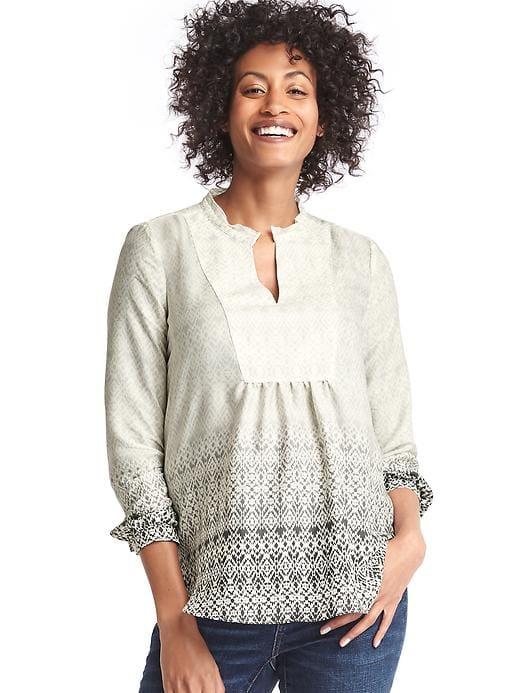 Gap Shirred Split Neck Shirt - Gray Print