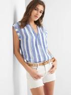 Gap Women Linen Cap Sleeve Popover Shirt - Blue Stripe