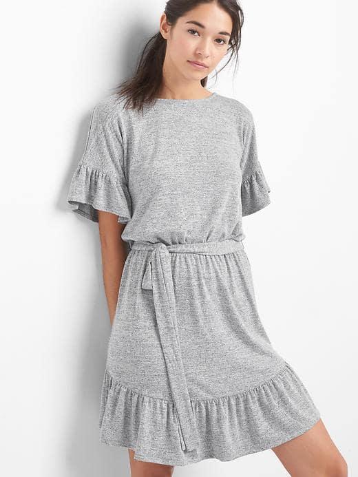 Gap Women Softspun Ruffle Tie Belt Dress - Light Grey Marle