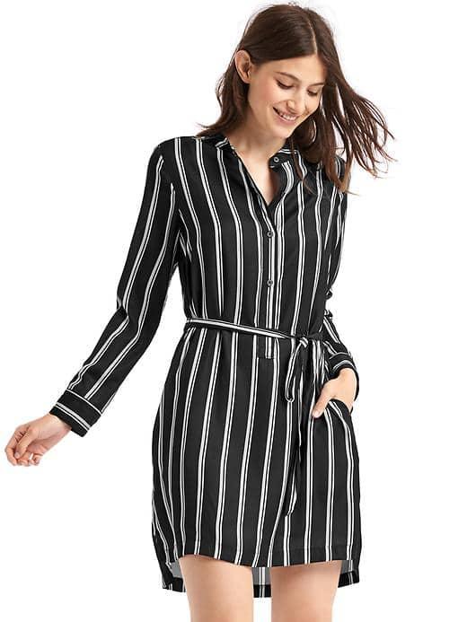 Gap Women Printed Tie Belt Long Sleeve Shirtdress - Black Print