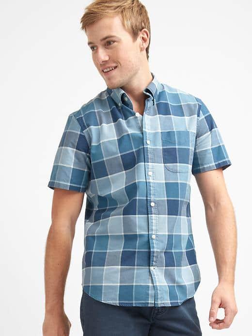 Gap Men Oxford Buffalo Plaid Slim Fit Short Sleeve Shirt - Blue Shale