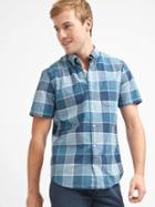 Gap Men Oxford Buffalo Plaid Slim Fit Short Sleeve Shirt - Blue Shale