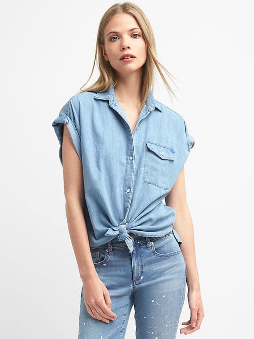 Gap Women Roll Sleeve Denim Shirt - Medium Indigo