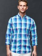 Gap Men True Wash Large Gingham Slim Fit Shirt - Tile Blue