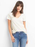 Gap Women V Neck Stripe Pocket Tee - Oatmeal Stripe
