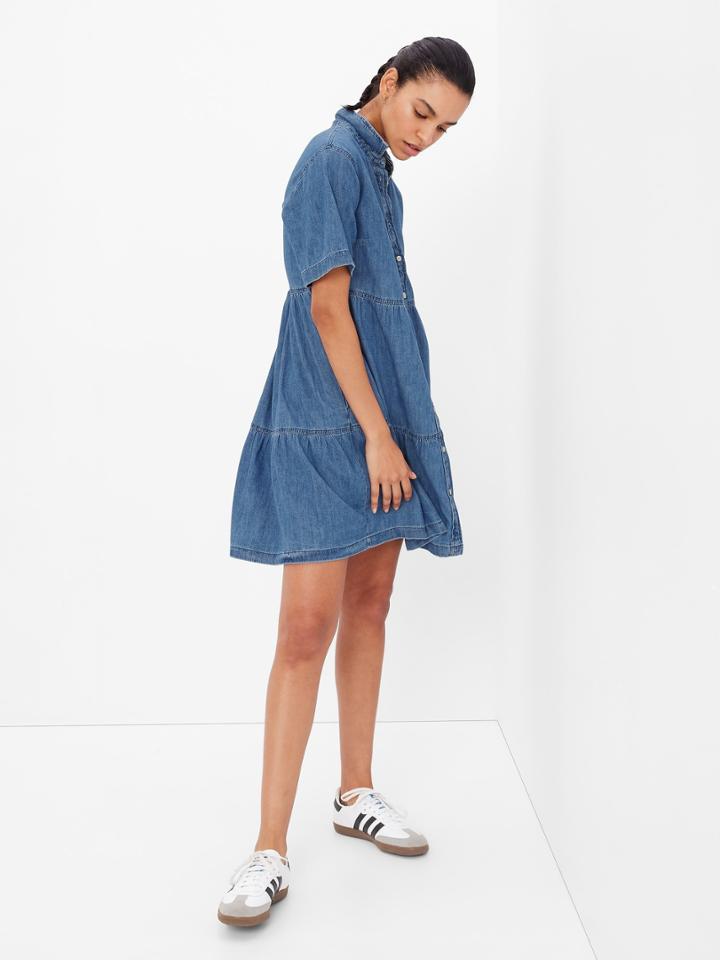 Denim Tiered Mini Dress With Washwell