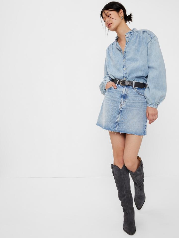 Denim Ruffle Neck Shirt With Washwell