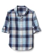Gap Bold Plaid Linen Blend Convertible Shirt - Blue Focus