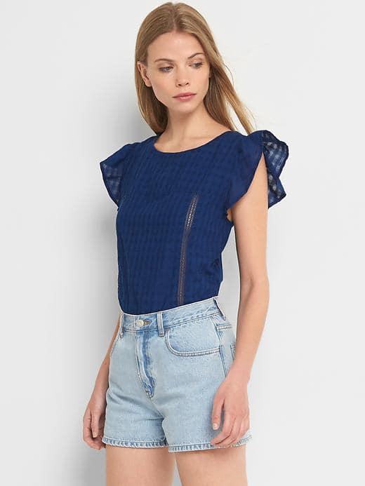 Gap Women Denim Check Flutter Sleeve Tie Top - Dark Indigo