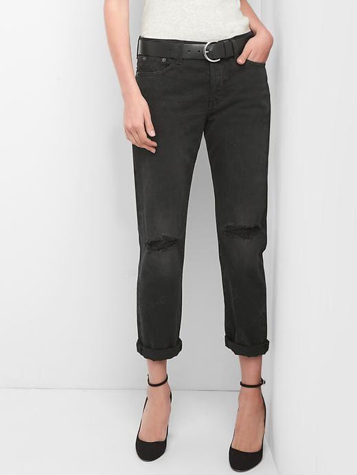 Gap Women Mid Rise Destructed Relaxed Boyfriend Jeans - Black Wash