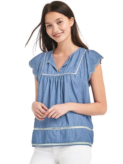 Gap Women Denim Eyelet Flutter Sleeve Top - Medium Indigo
