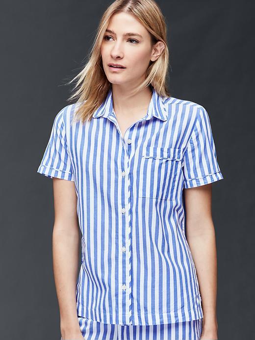 Gap Women Poplin Short Sleeve Print Shirt - Classic Strp Blue