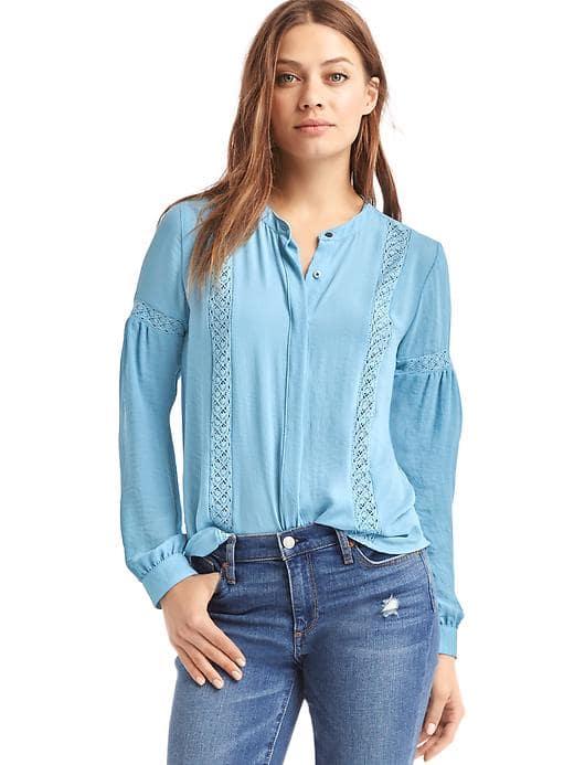 Gap Women Crochet Panel Peasant Blouse - Blue Stone