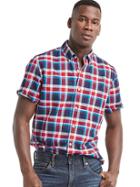 Gap Men Oxford Plaid Short Sleeve Standard Fit Shirt - Lasalle Red