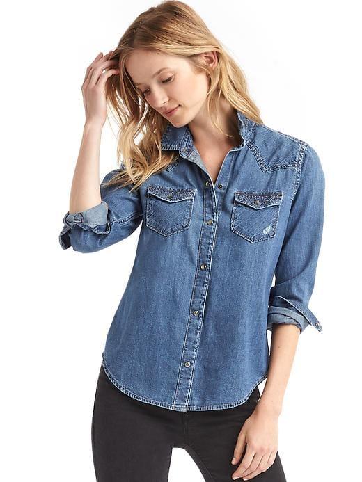 Gap Women 1969 Denim Western Stud Shirt - Medium Indigo
