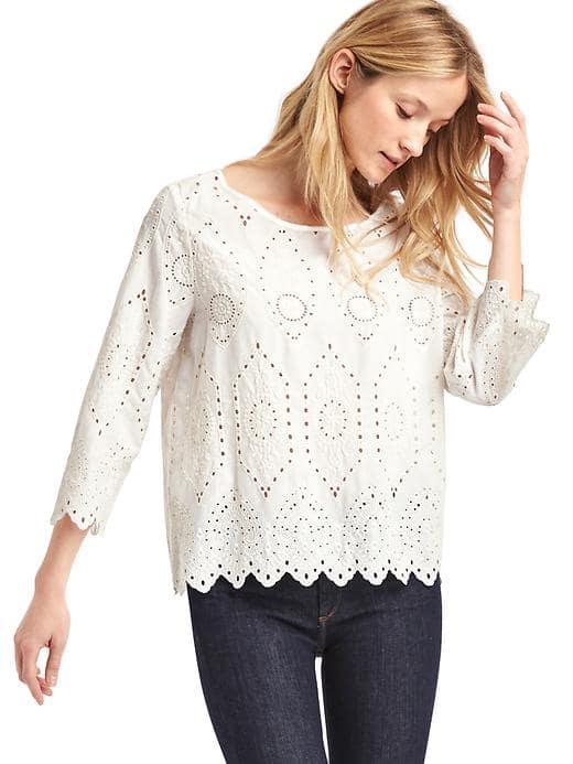 Gap Women Intricate Eyelet Three Quarter Sleeve Top - White