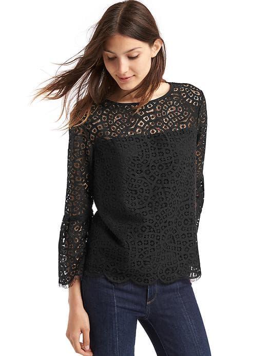 Gap Women Crochet Lace Three Quarter Bell Sleeve Top - True Black