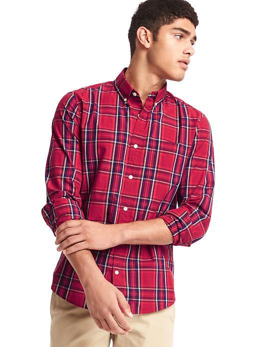 Gap Men True Wash Large Plaid Slim Fit Shirt - Lasalle Red