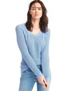 Gap Women V Neck Open Knit Sweater - Light Blue