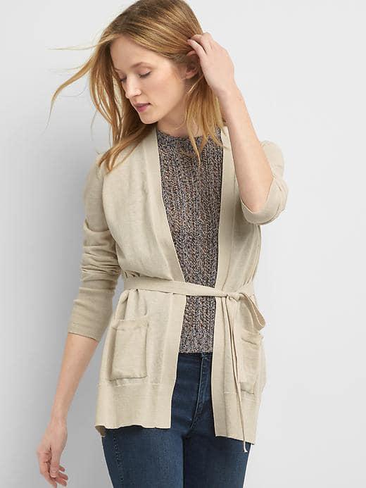Gap Women Linen Tie Belt Cardigan - Camel