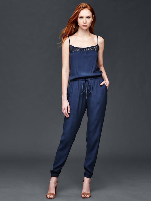 Gap Women Crochet Yoke Jumpsuit - Comet Blue