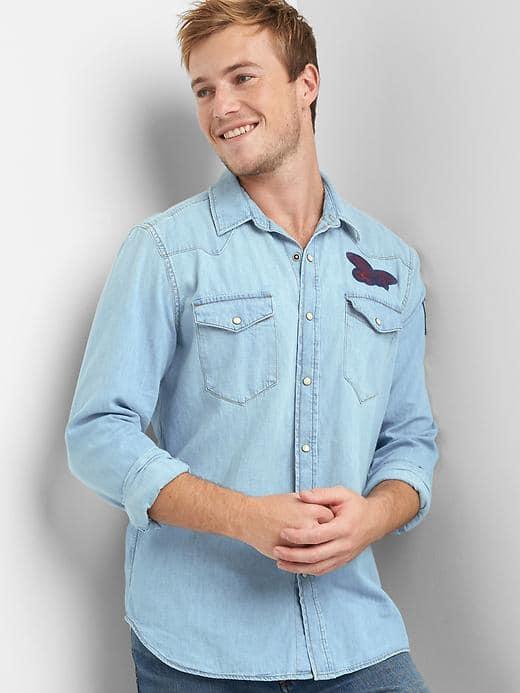 Gap Women Denim Embroidered Western Shirt - Light Indigo