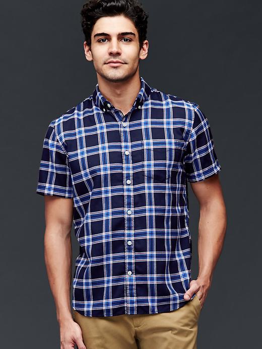 Gap Men Twill Plaid Short Sleeve Standard Fit Shirt - Dark Night