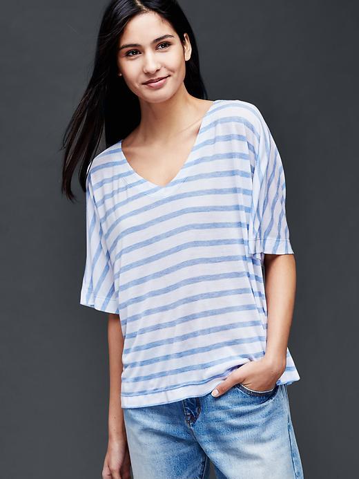 Gap Open V Neck Stripe Tee - Blue Heather Stripe