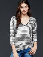 Gap Women Long Sleeve Stripe V Neck Pocket Tee - Gray Stripe