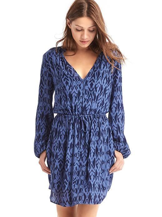 Gap Women Silky Print Split Neck Dress - Light Blue/navy