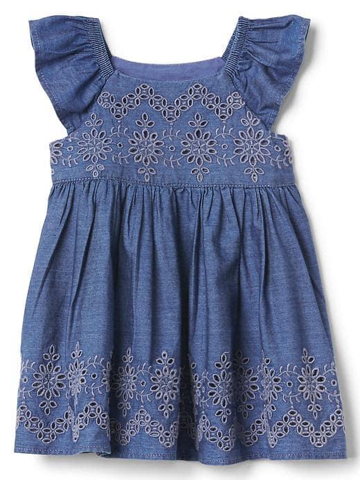 Gap Eyelet Chambray Flutter Dress - Medium Wash