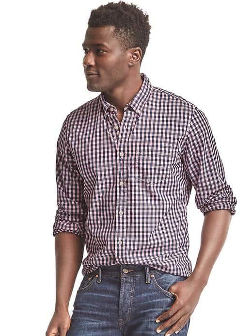 Gap Men True Wash Poplin Gingham Standard Fit Shirt - Pink Plaid