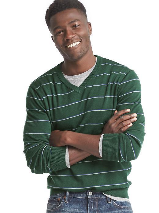Gap Men Merino Wool Stripe V Neck Sweater - Green/blue