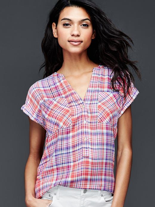 Gap Women Drapey Plaid Popover - Pink Plaid