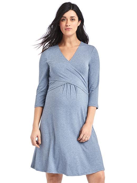 Gap Women Solid Three Quarter Sleeve Wrap Dress - Blue Denim Heather
