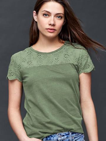 Gap Women Scalloped Sleeve Mix Lace Top - Cool Olive