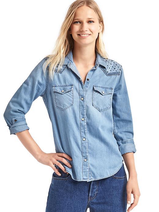 Gap Women 1969 Denim Embroidered Western Shirt - Medium Indigo