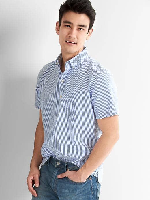 Gap Men Seersucker Short Sleeve Popover Shirt - Sky Blue