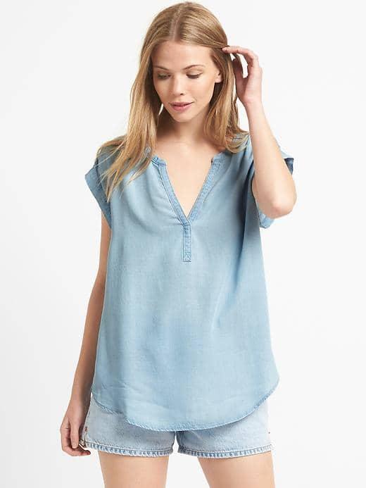 Gap Women Tencel Denim Popover Top - Light Indigo