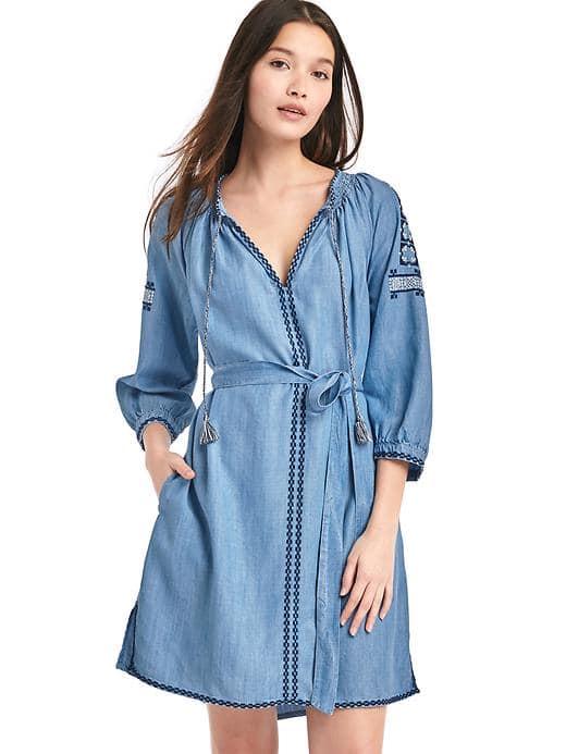 Gap Women Tencel Embroidery Tassel Tie Belt Dress - Medium Indigo