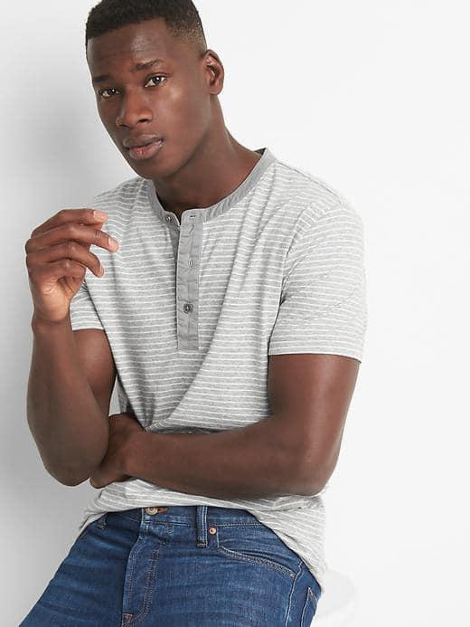 Gap Men Stripe Short Sleeve Henley - Grey White Mini Strp