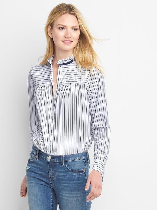 Gap Poplin Mix Stripe Ruffle Shirt - Navy White Stripe