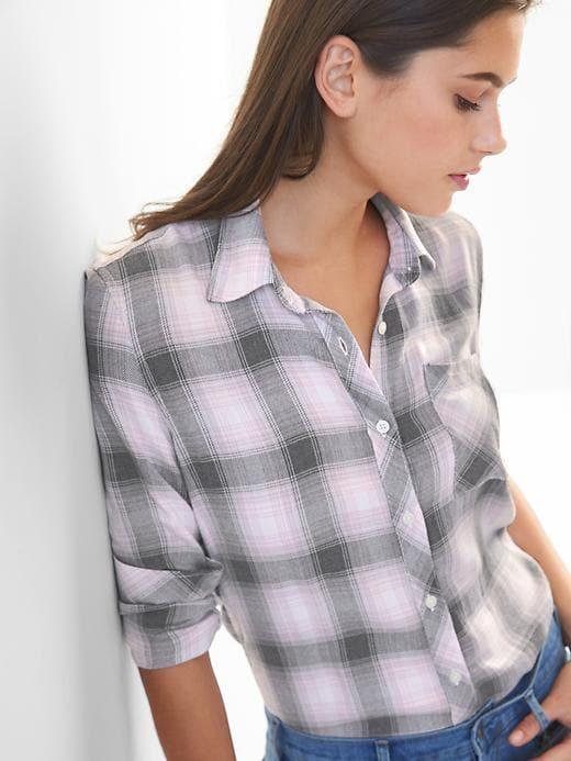 Gap Women Drapey Flannel Shirt - Pink Plaid