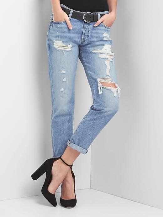Gap Women Mid Rise Destructed Relaxed Boyfriend Jeans - Light Indigo