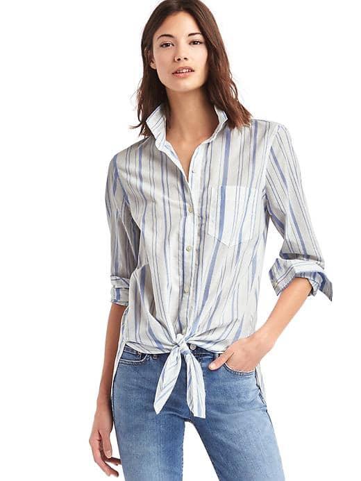 Gap Women Tie Front Print Shirt - Blue Stripe