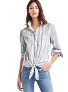 Gap Women Tie Front Print Shirt - Blue Stripe