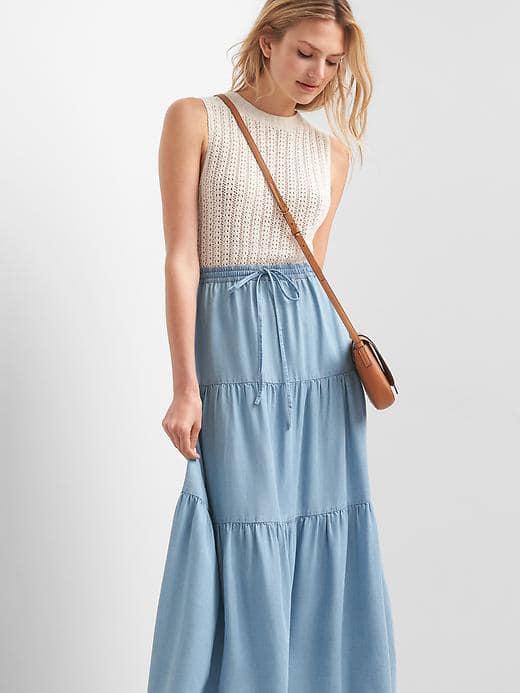 Gap Women Tencel Denim Tiered Skirt - Light Indigo